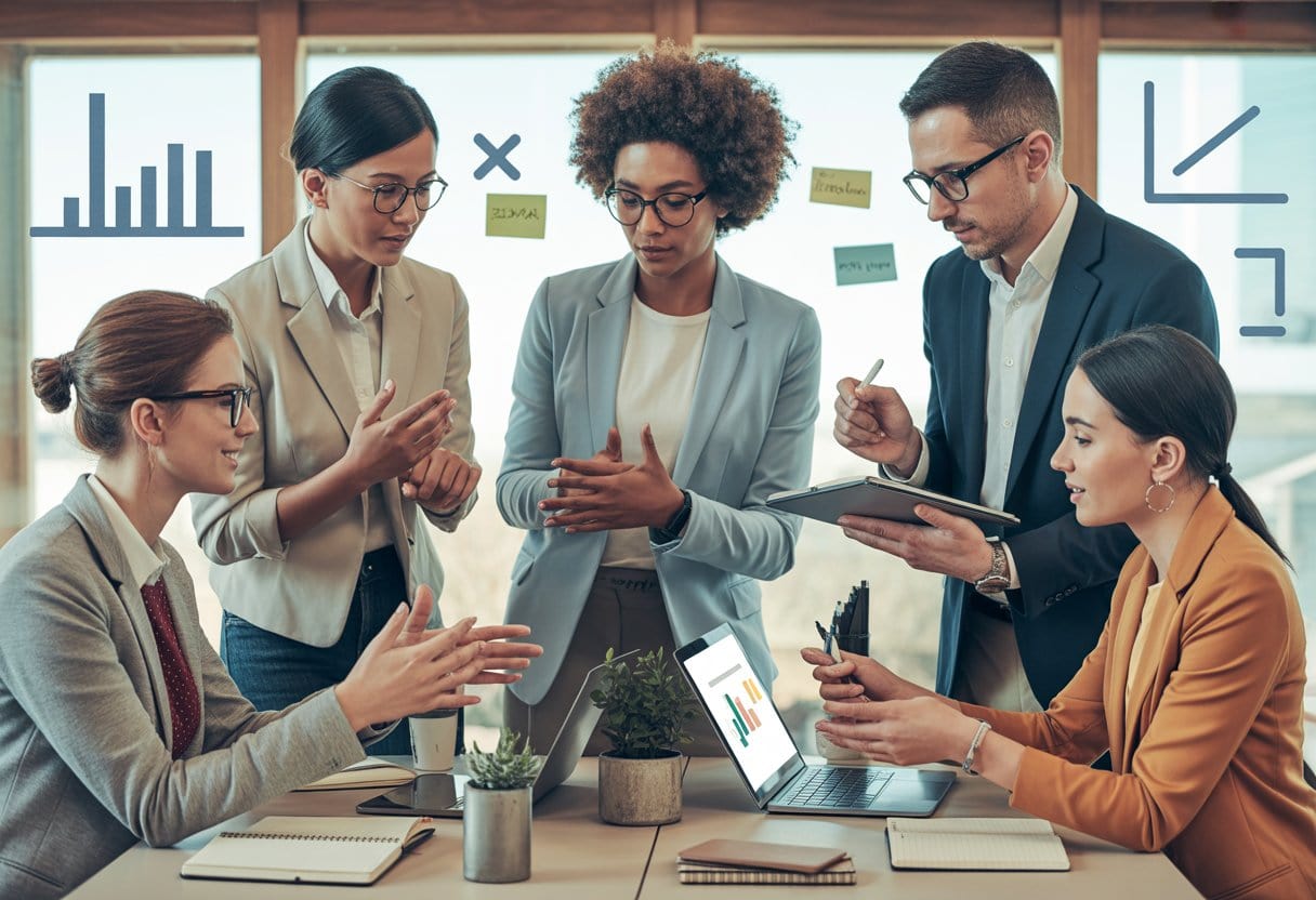 Eine vielfältige Gruppe von Berufstätigen arbeitet gemeinsam in einem modernen Lernraum an praktischen Übungen und digitalen Lerninhalten.