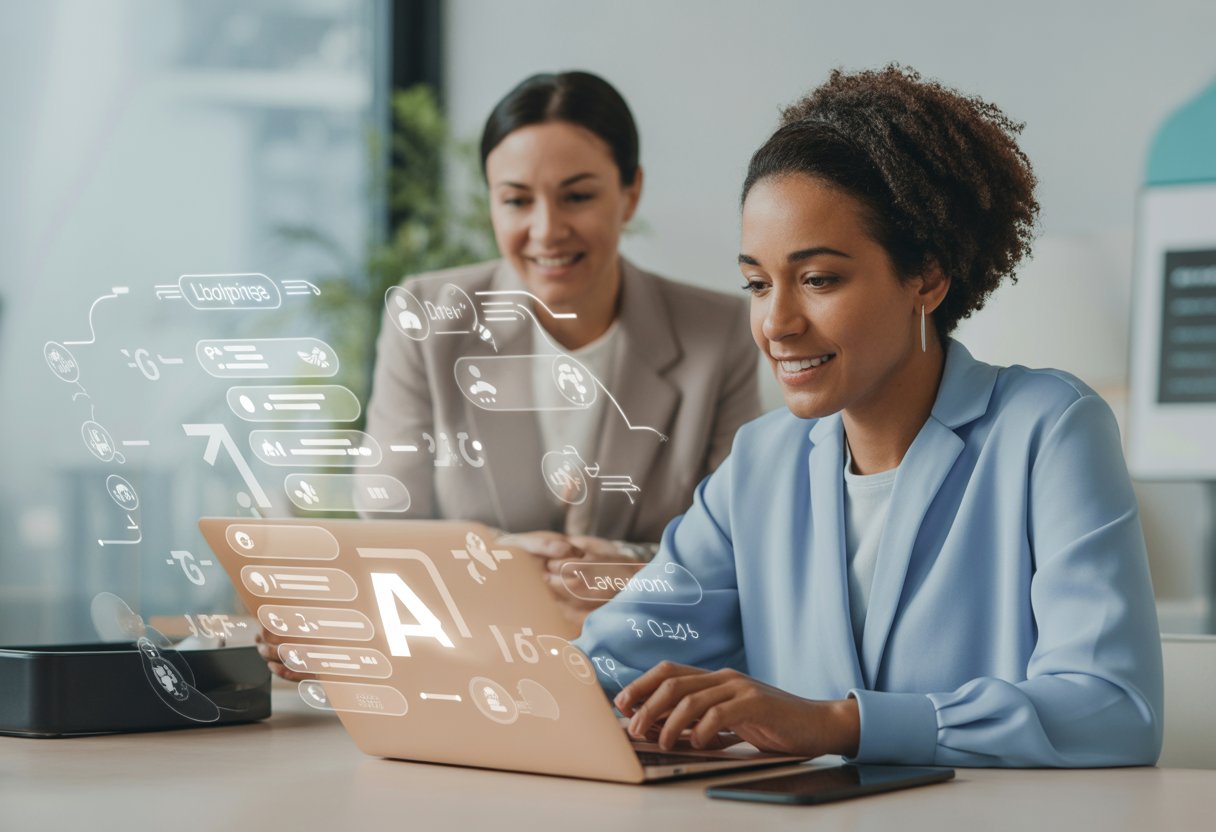 Eine erwachsene Person arbeitet an einem Laptop mit individuell wirkenden Lernpfaden, während eine Betreuungsperson sie unterstützt.