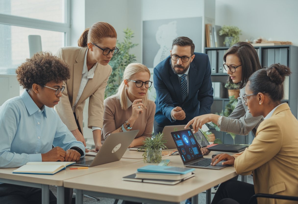 Eine vielfältige Gruppe aus Lernenden, Lehrkräften und Berufstätigen arbeitet gemeinsam mit digitalen Geräten in einem modernen Lern- und Arbeitsumfeld.