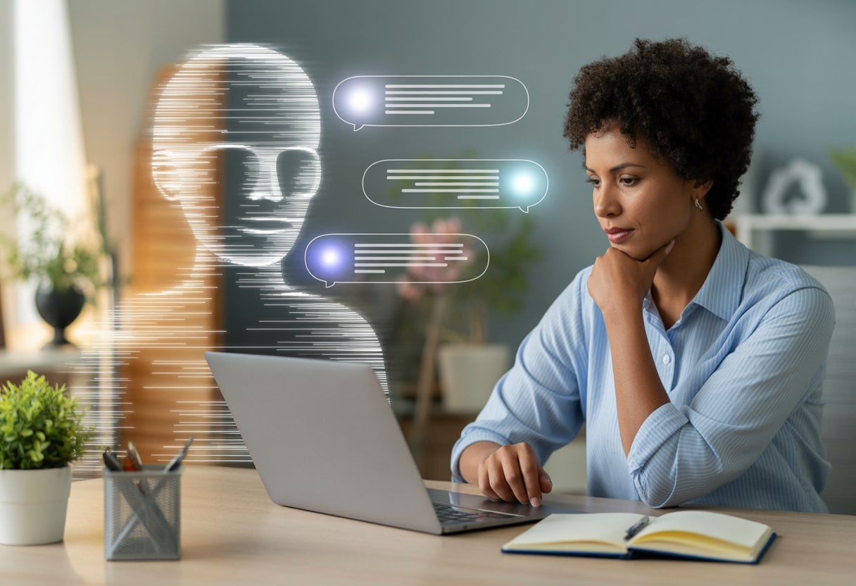 Eine Person nutzt an einem Laptop einen KI-Coaching-Chatbot in einem modernen Büro.