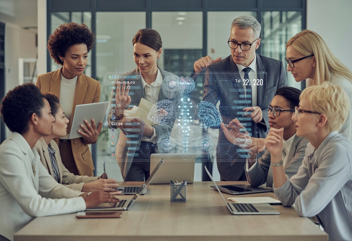 Eine vielfältige Gruppe von Berufstätigen lernt gemeinsam in einem modernen Schulungsraum mit digitalen Geräten und abstrakten KI-Darstellungen.