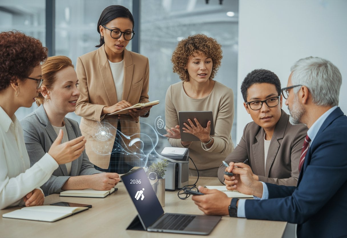 Eine vielfältige Gruppe von Beschäftigten lernt gemeinsam in einem modernen Schulungsraum den Umgang mit digitalen Technologien.