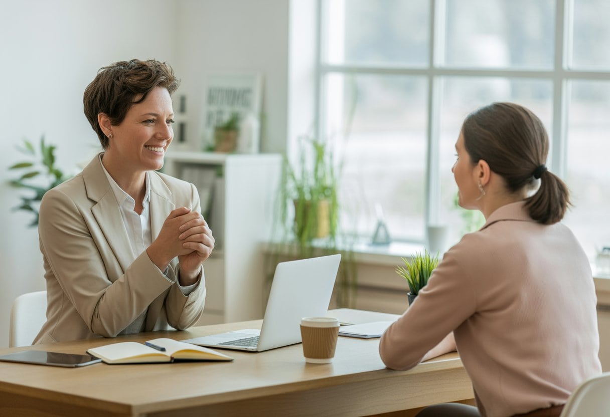 Ein Life-Coach spricht mit einem Klienten in einem hellen, modernen Büro und zeigt dabei unterstützende Gesten.