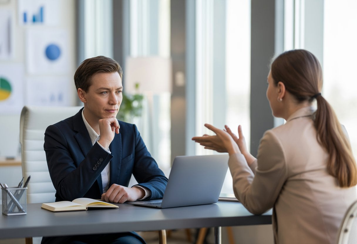 Ein introvertierter Führungskraft sitzt bei einem persönlichen Coaching-Gespräch in einem modernen Büro.