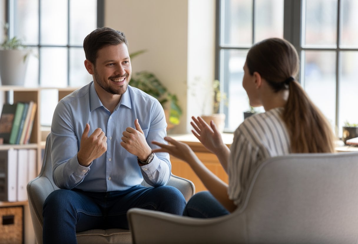 Ein Life-Coach und ein Klient sitzen in einem hellen, modernen Büro und führen ein freundliches Gespräch ohne Zertifikate im Hintergrund.